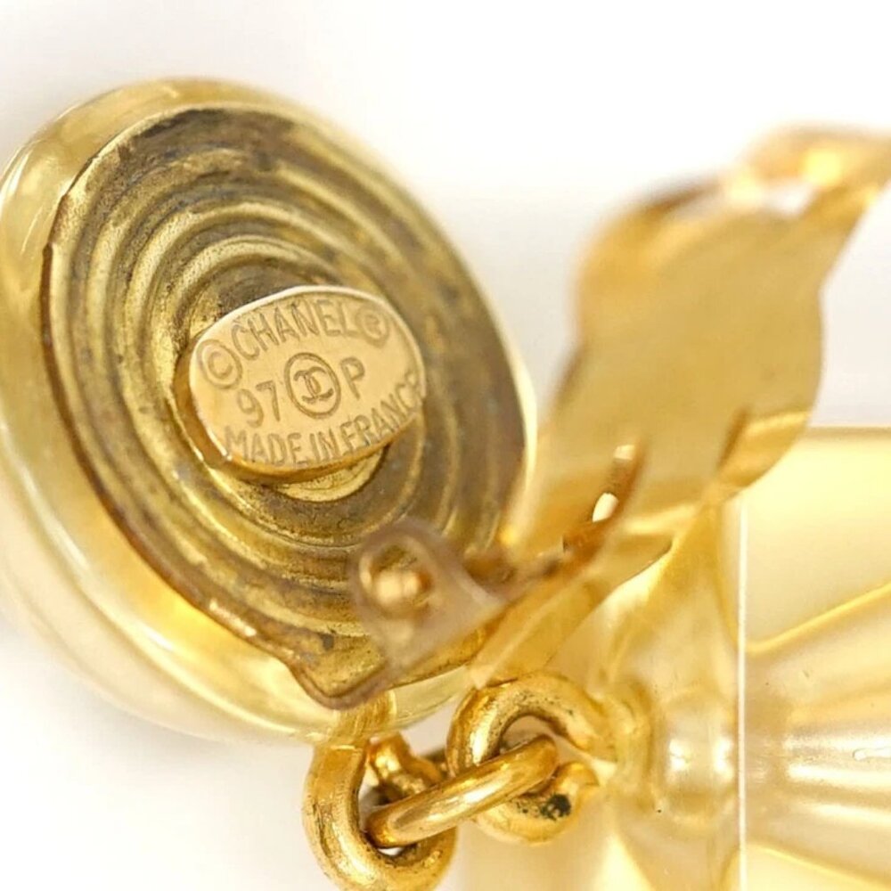 CHANEL CC Logos Pearl Lucite Cube Dangle Earrings Gold Tone 97P Auth w/Box - Picture 5 of 6